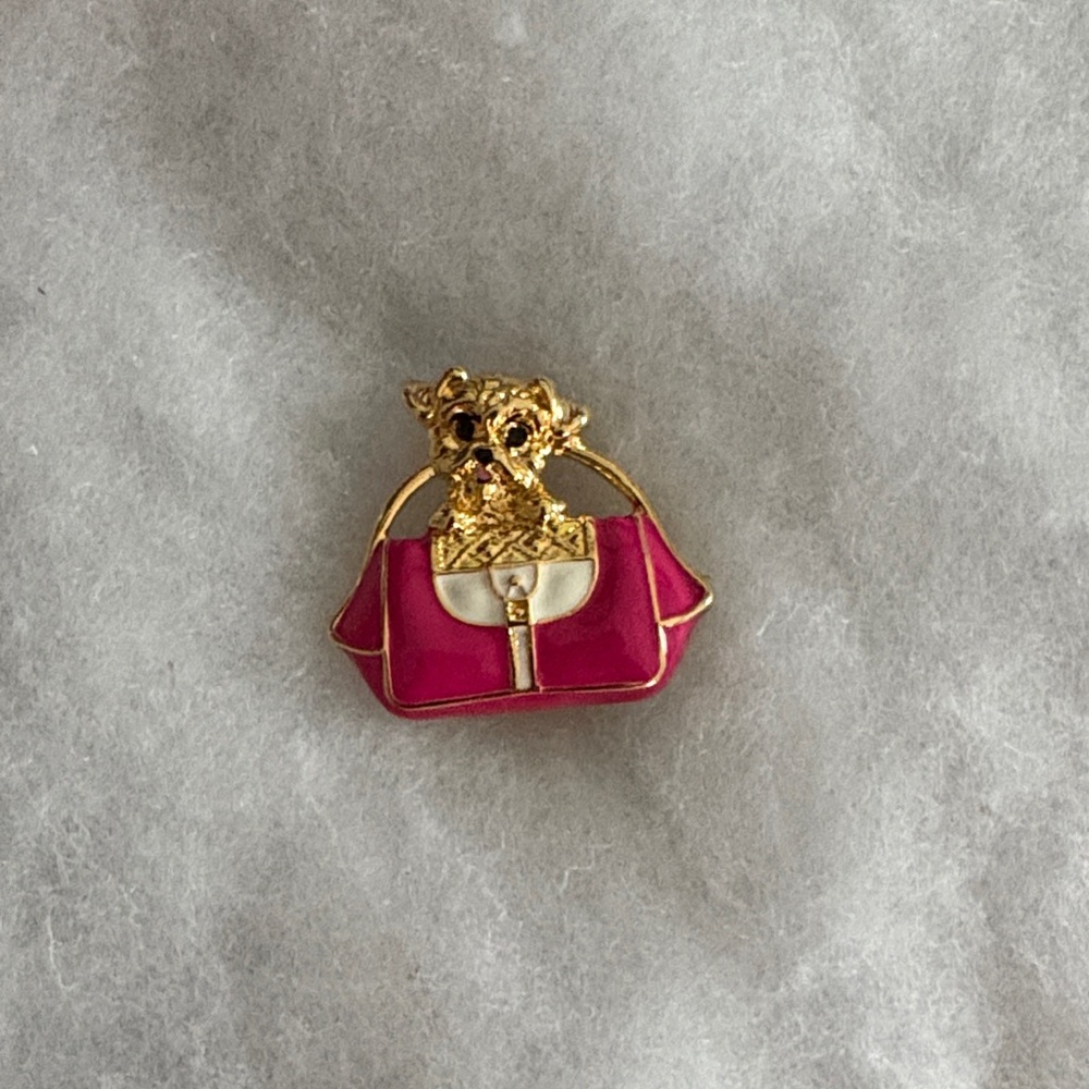 Talbots Gold and Pink Dog in Bag Brooch